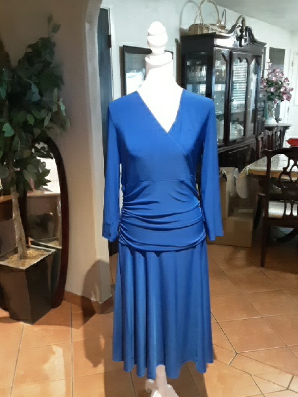 Blue V-Neck Long Sleeve Ruched Waist Women's Dress